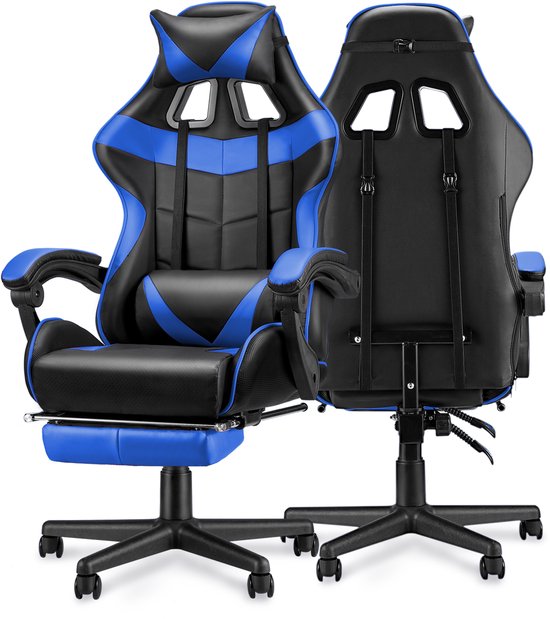 Soontrans Blauw-Gaming Stoel met Inklapbare Voetensteun, - Soontrans - €93,99