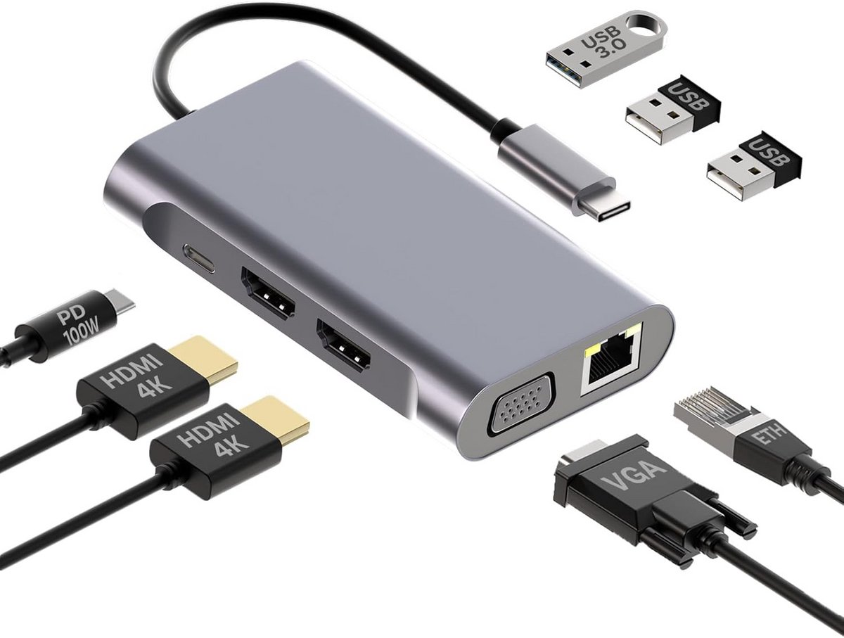 USB-C Hub 8-in-1 Docking Station met 2x HDMI, 100W PD & Ethernet