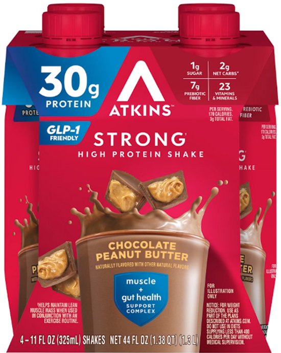 Atkins Strong High Protein Shake Chocolate Peanut Butter met 30g proteïne per portie. 4 shakes van 325 ml.
