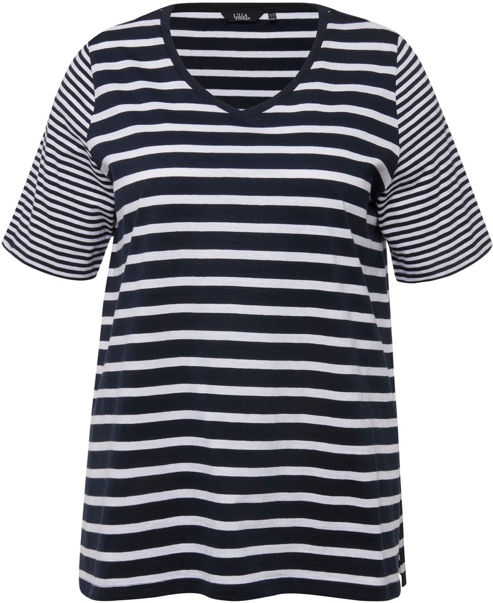 Ulla Popken - Dames - Shirt strepenmix A-lijn V-halslijn korte mouwen - Marine - Maat 46+