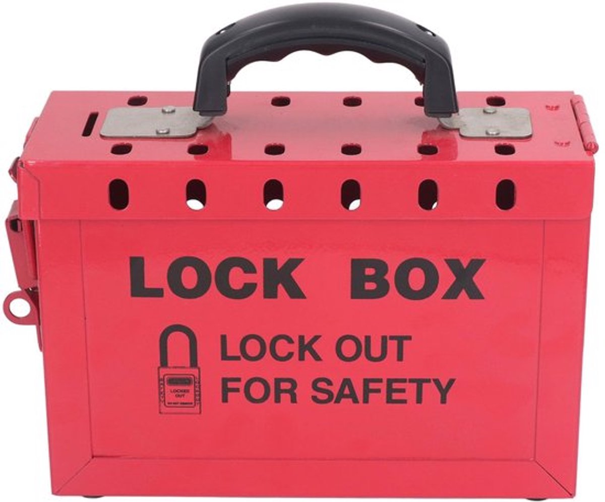 Safety Group Hangslotkast, Roestvrijstalen Lockout-tagout-box met Ergonomisch Handvat, Biedt Plaats aan 13 Hangsloten, Scharnierend Deksel en Sluiting, Zichtbaar Sleutelgat,