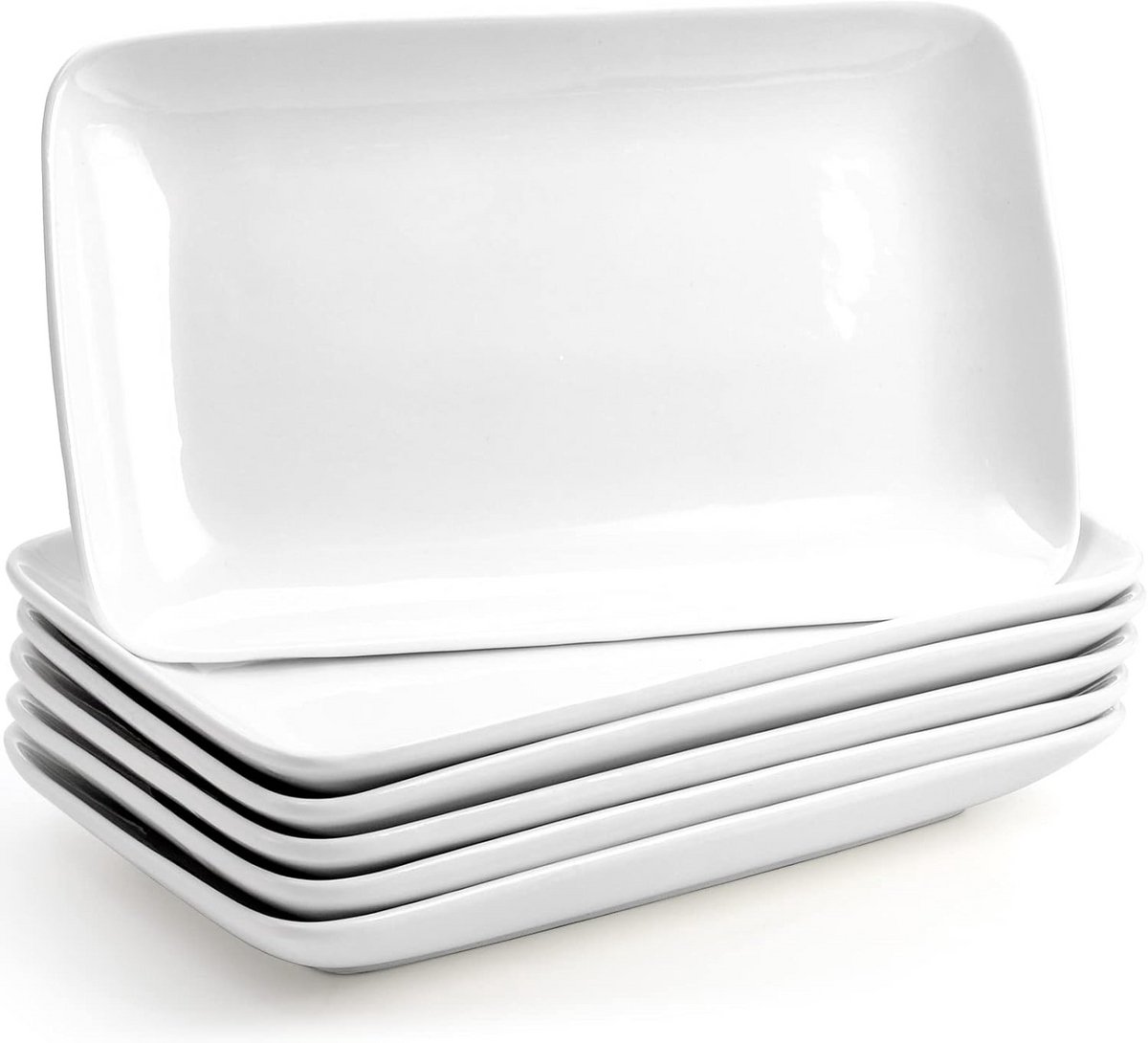 Rechthoekige Porselein Saladeborden Set van 6 - 25 cm - Magnetron & Ovenbestendig - Geschikt voor Sushi Pasta Fruit - Witte Dessertbordjes