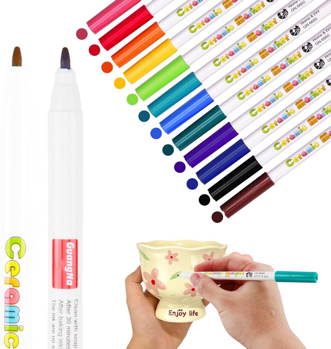 12 Kleuren Keramische Stiften 1,0 mm - Waterdicht en Vaatwasmachinebestendig voor Steen, Glas en Papier