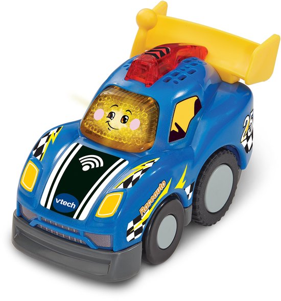 Blauwe VTech raceauto met gele spoiler, ruitenwissers en nummer 25 op de achterkant. Op de voorkant een VTech logo en wifi-symbool.