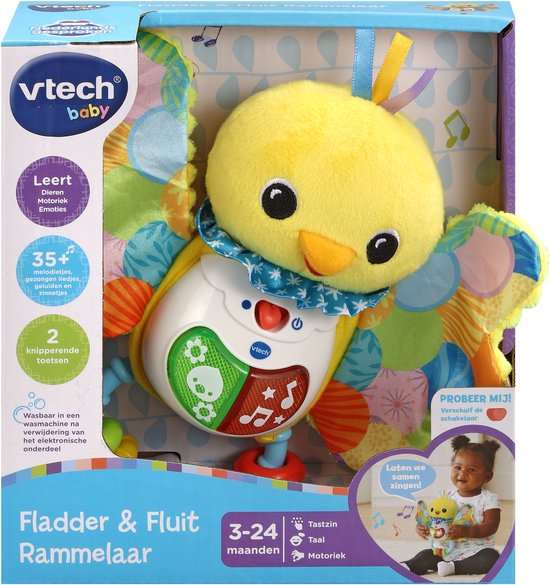 Emballage du hochet VTech baby 'Flatter & Whistle', un oiseau jaune aux ailes colorées.