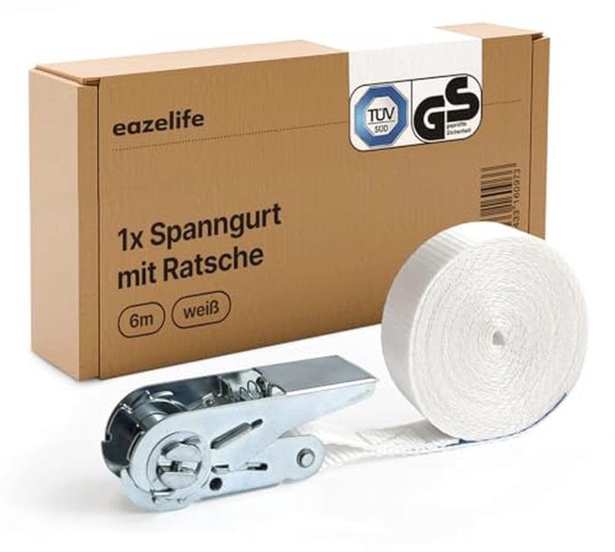 Spanband 6 m, 25 mm voor droger en wasmachine, TÜV & GS-gecertificeerd, sjorband met ratel, 800 daN, wit