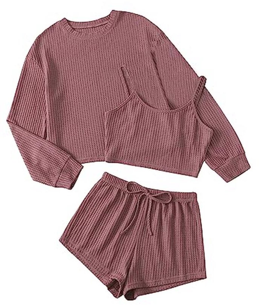 3-Piece Women's Loungewear Pajama Set - Long Sleeve Cami and Shorts