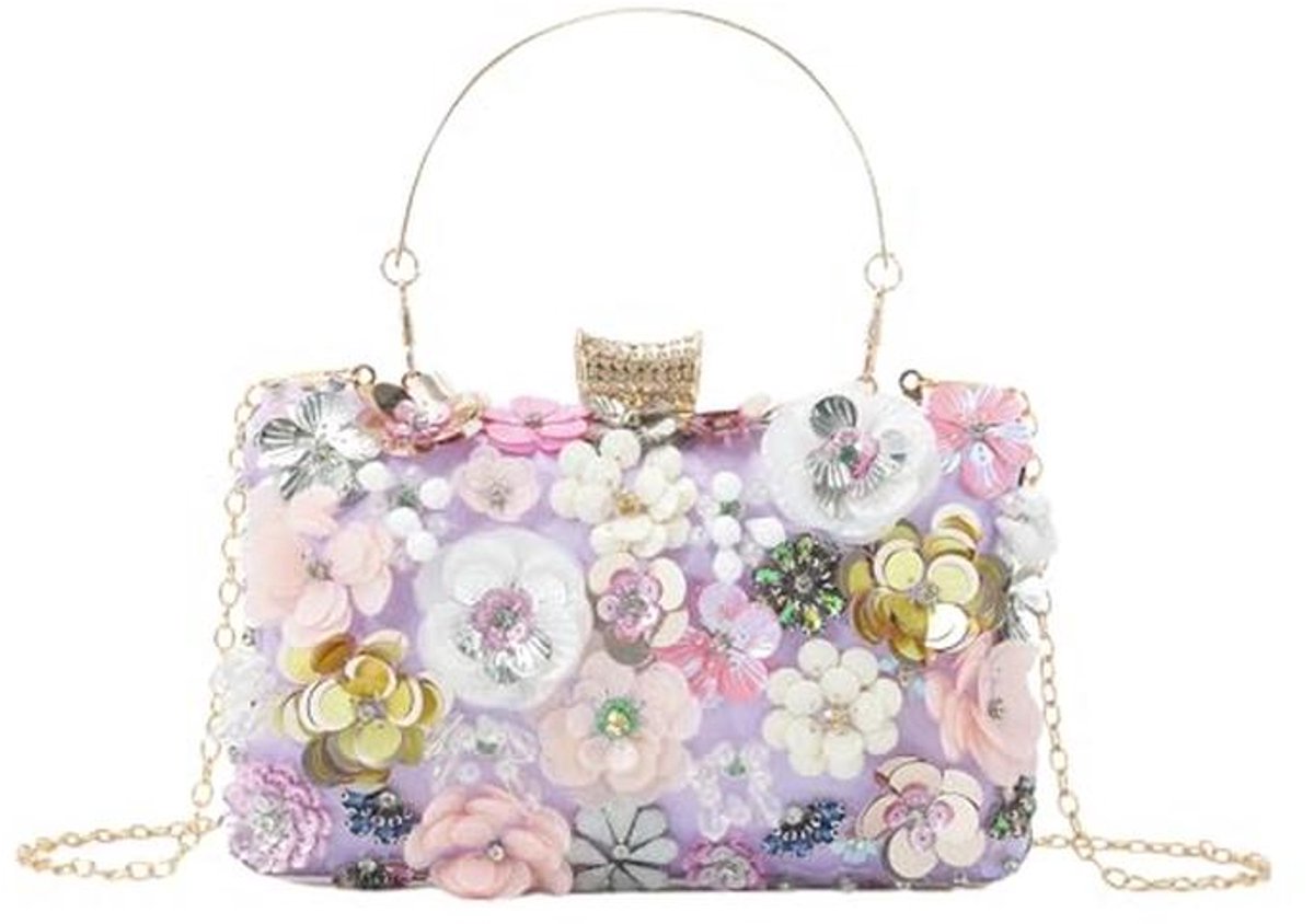 Kleurige Bloemen Clutch Portemonnee voor Vrouwen - Avond Handtas met Strass en Schouderketting