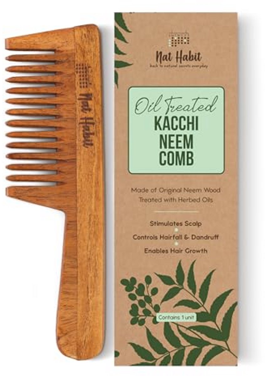 Kacchi Neem Houten Kam - Gedrenkt in 17 Kruiden, Ideaal voor Alle Haartypes - Ontwarren, Kroesbestrijding en Glans