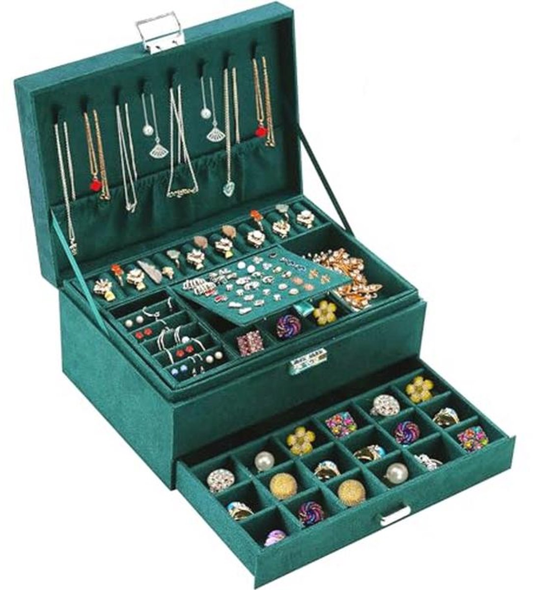 Sieraden Organizer Box voor Vrouwen - Donkergroen Fluwelen Sieraden Doos met Slot en 3 Lagen voor Ringen, Oorbellen, Ketten en Armbanden