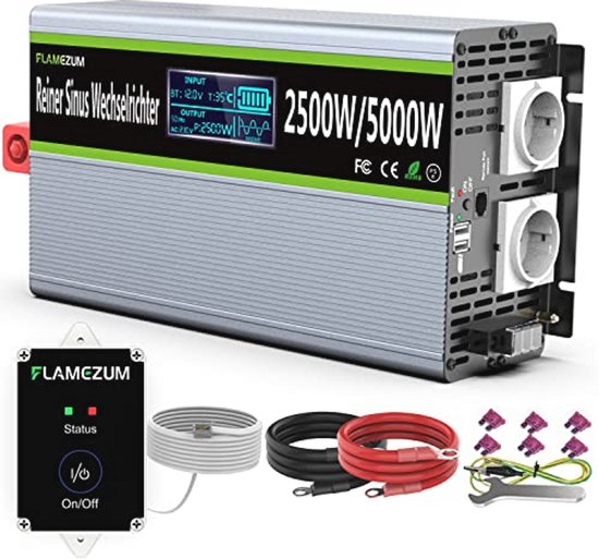 Omvormer 12V naar 230V Zuivere Sinus 2500W Converter met USB-poorten en LED-display voor Auto, Caravan, Boot en Camping