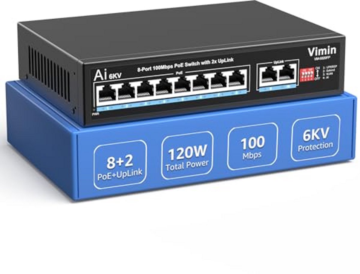 10-poorts onbeheerde PoE-switch met 8 PoE-poorten en 2 uplinkpoorten