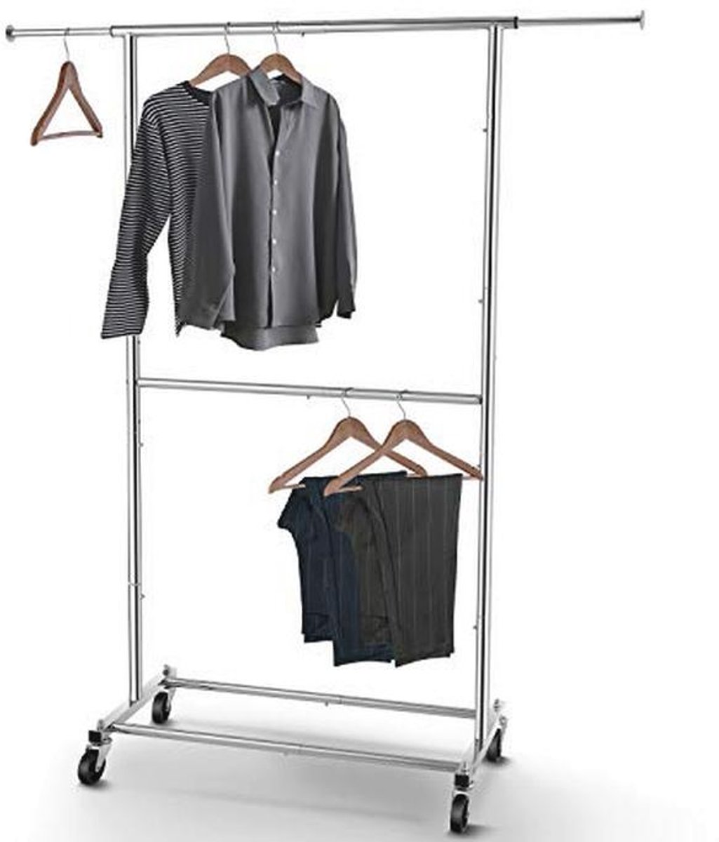 Modieuze dubbele kledingstang organizer met wielen voor ophangen van kleding