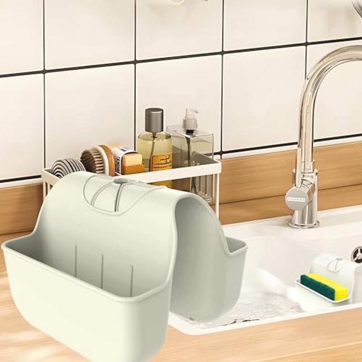 Siliconen Gootsteen Organizer voor Sponzen en Schoonmaakaccessoires - Beige