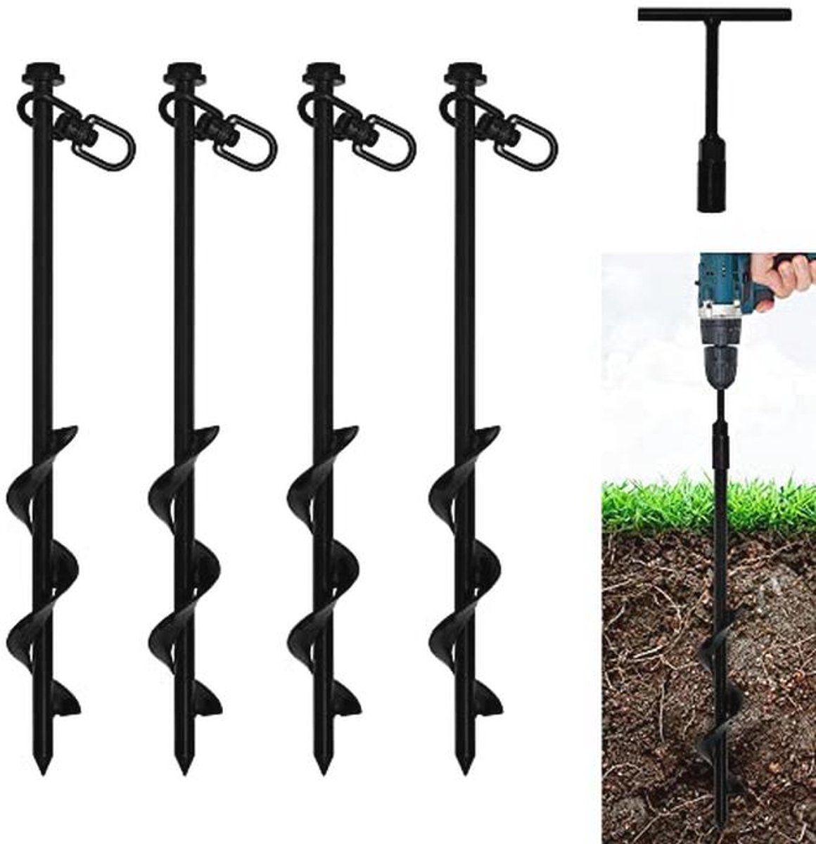 VASGOR 30,5 cm grondankers (4 stuks) eenvoudig te gebruiken met boor, 10 mm diameter, robuuste ankerhaak voor campingtent, luifels, autopoorten, schuren, schommelsets, beveiligingsdieren - zwart