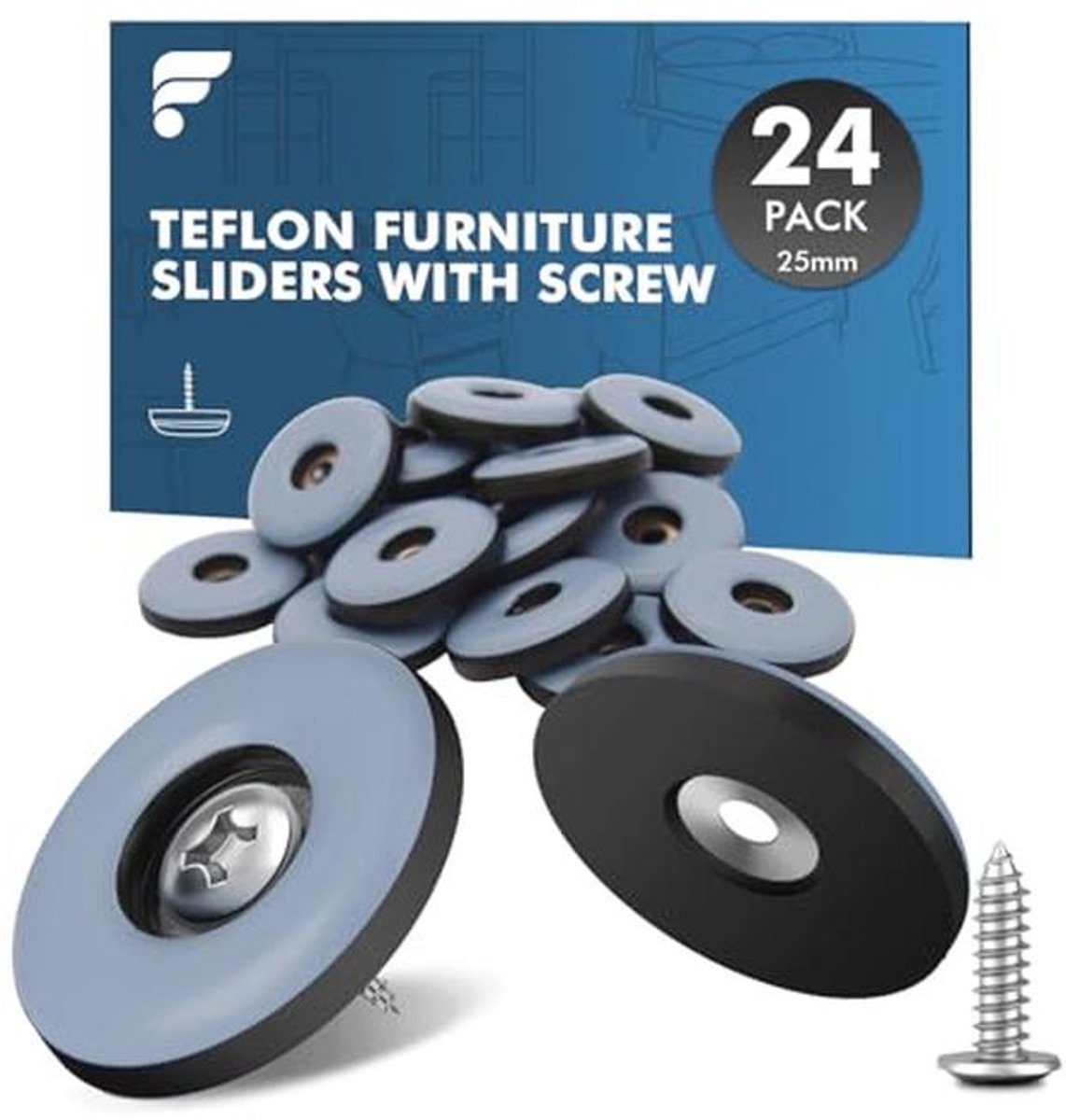 Teflon Vloerglijders met Schroef - 24 Stuks Ø 25 mm voor Makkelijk Meubelverplaatsen