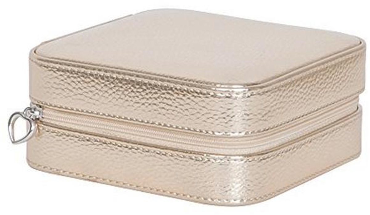 Reisjuwelendoos in metallic goud kunstleer met opbergruimte voor sieraden