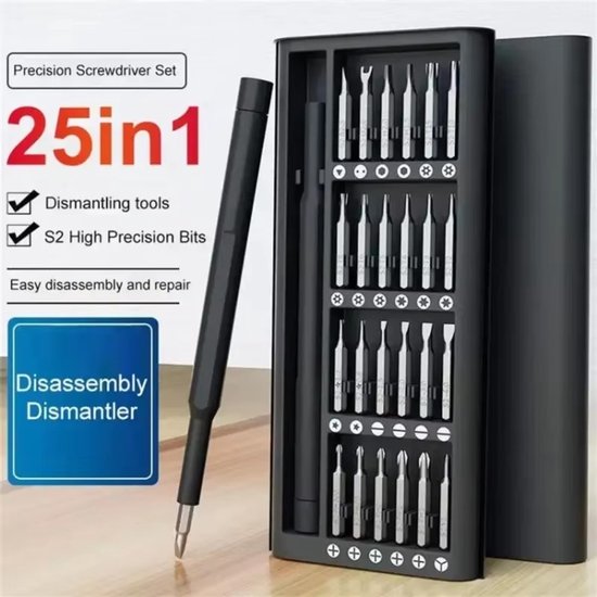 Precisie schroevendraaierset 25-in-1 met S2 High Precision Bits en tekst: 'Dismantling tools', 'Easy disassembly and repair'.