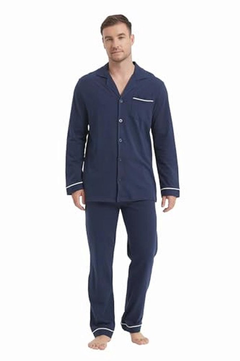 Lange Katoenen Pyjama Set voor Heren met Knoopsluiting en Lange Mouwen