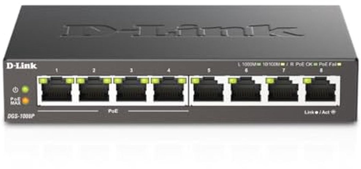 8-poorts Gigabit Switch met PoE - 10/100/1000 Mbps, Plug-and-Play, Stille Werking, 68W PoE Budget