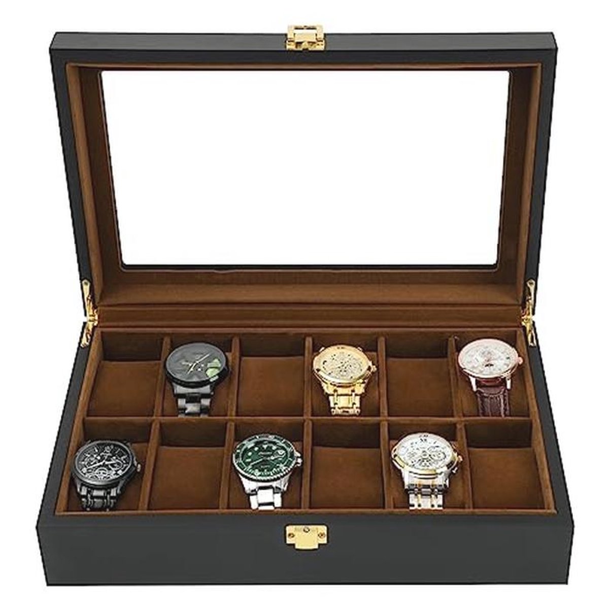 Houten Horlogedoos met 12 Sleuven en Glazen Deksel - Sieradenopslag voor Mannen en Jongens