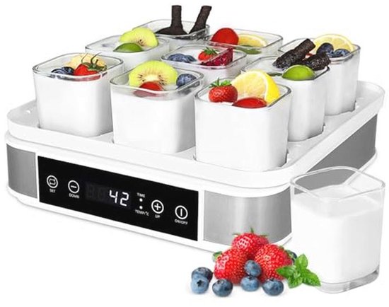 Yoghurtmaker, yoghurtmaker, yoghurtmachine met lcd-display, elektrische yoghurt-maker, met temperatuurregeling, incl. 8 kopjes, automatische uitschakeling, lcd-display, 8-48H, 20℃-55