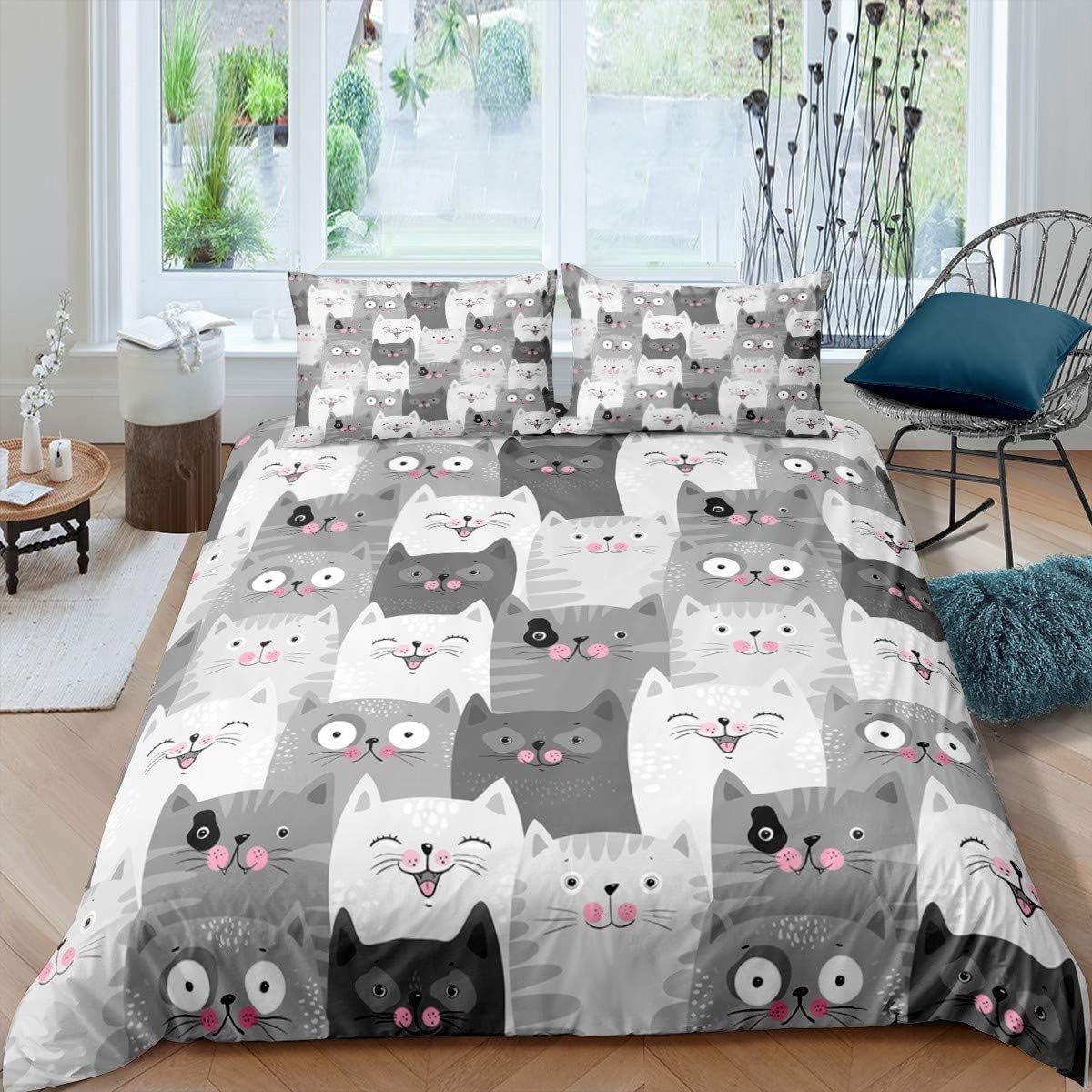 Ibenzoa Schattig beddengoedset met kattenthema voor meisjes en kinderen Grijs