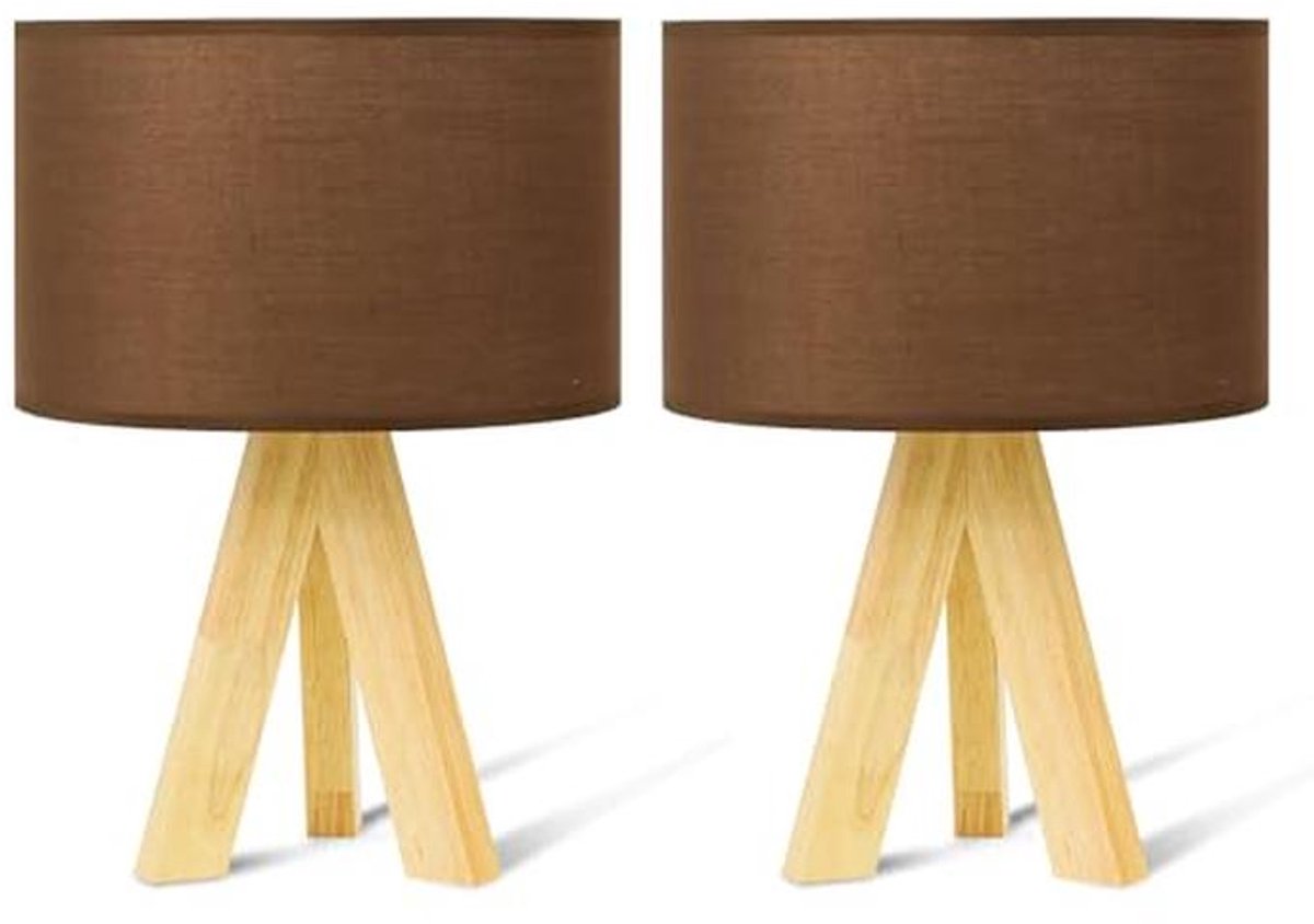 Set van 2 Houten Bedlampjes - Nachtkastje en Kinderbureaulamp met Stoffen Schaduw voor Slaapkamer en Woonkamer