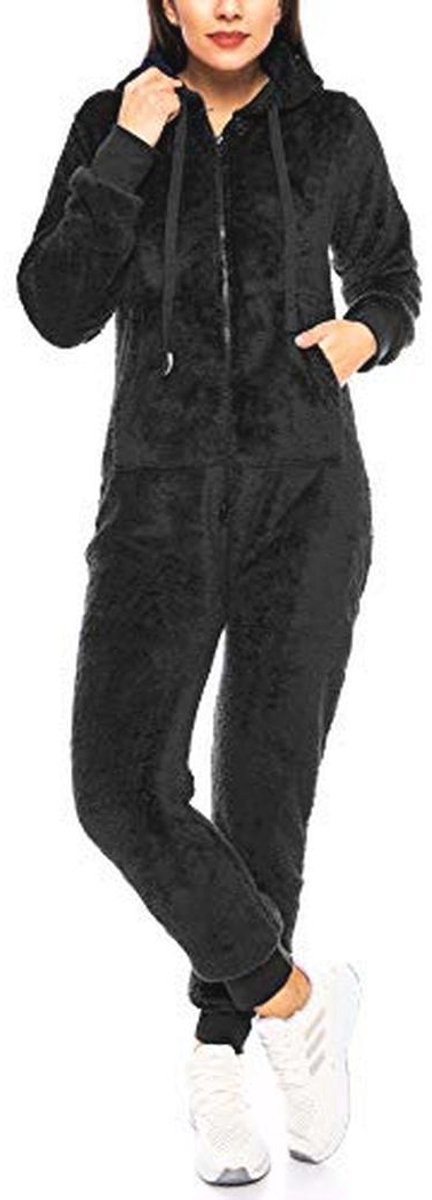 Dames Fluffy Teddy Fleece Jumpsuit - Zwart - 4XL - Comfortabele Huisoutfit