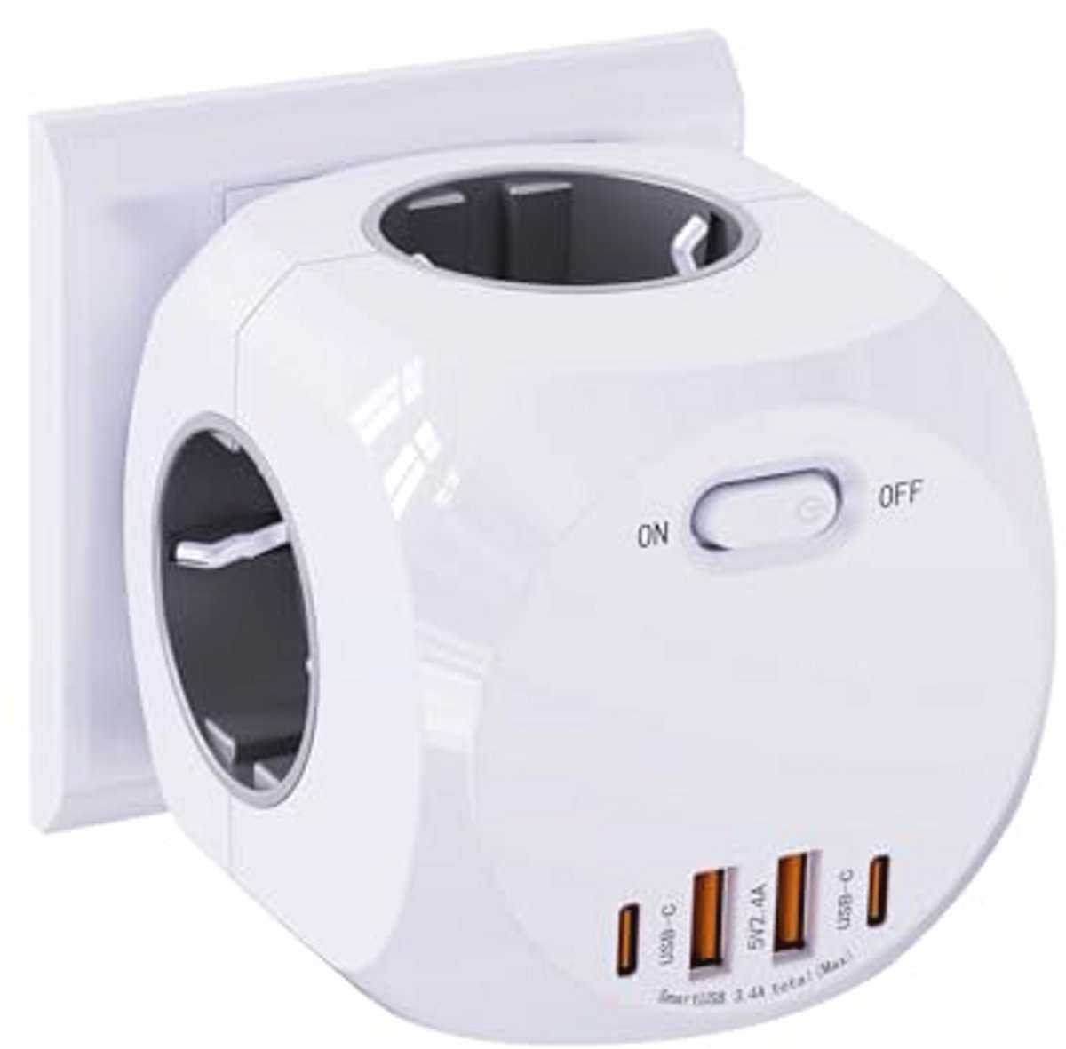 8-in-1 stekkerblok met USB-A en USB-C, meervoudig stopcontact voor kantoor en keuken