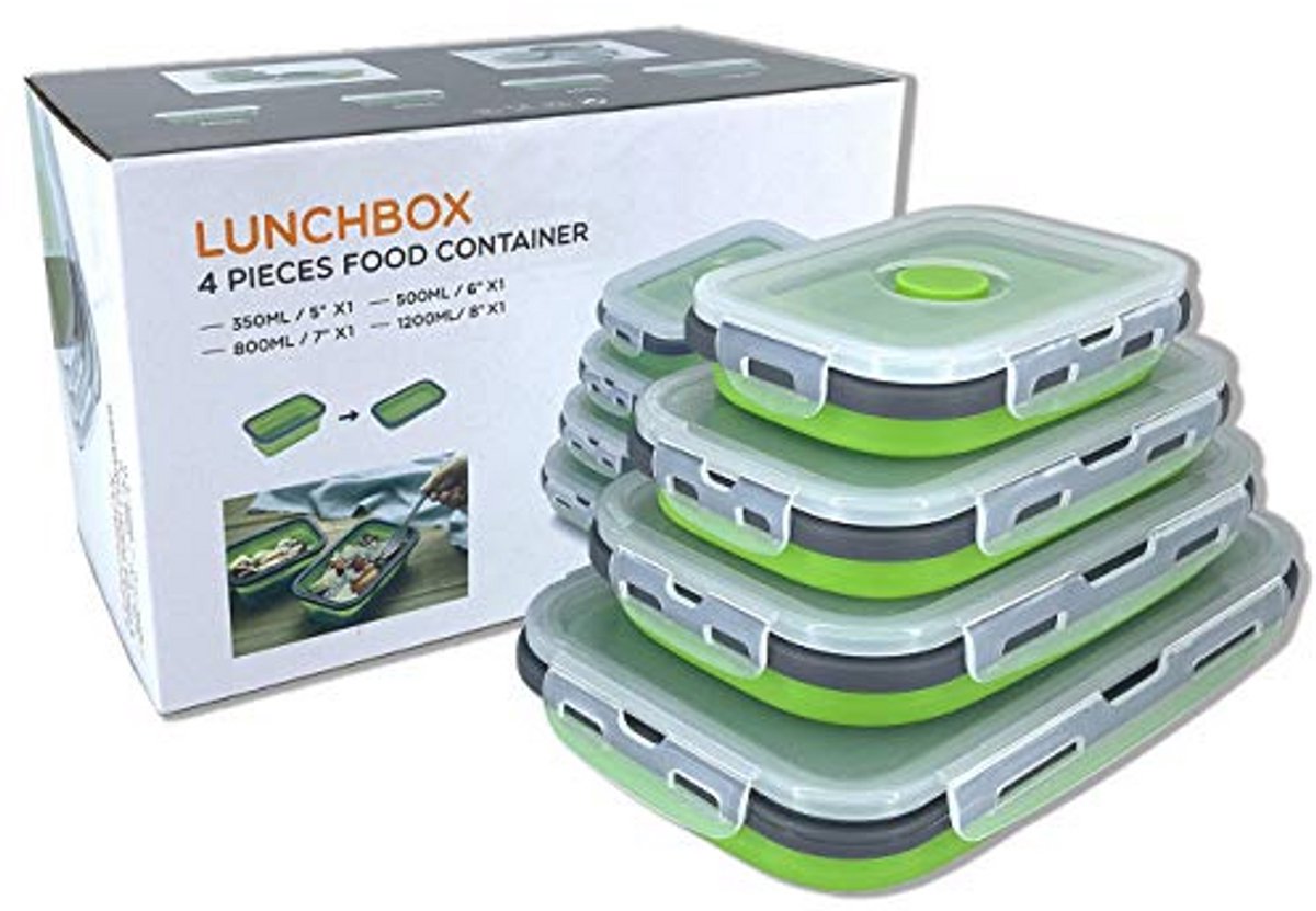Beeptrum Opvouwbare siliconen voedselopslagcontainer met deksel, draagbare lunch, bentobox, outdoor picknickbox, ruimtebesparend, magnetron, vaatwasser en vriezer, set van 4 (groen)