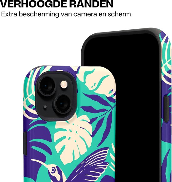 iPhone 15 hoesje met verhoogde randen, tropische print van paarse en groene bladeren, crèmekleurige monstera bladeren en een kolibrie.