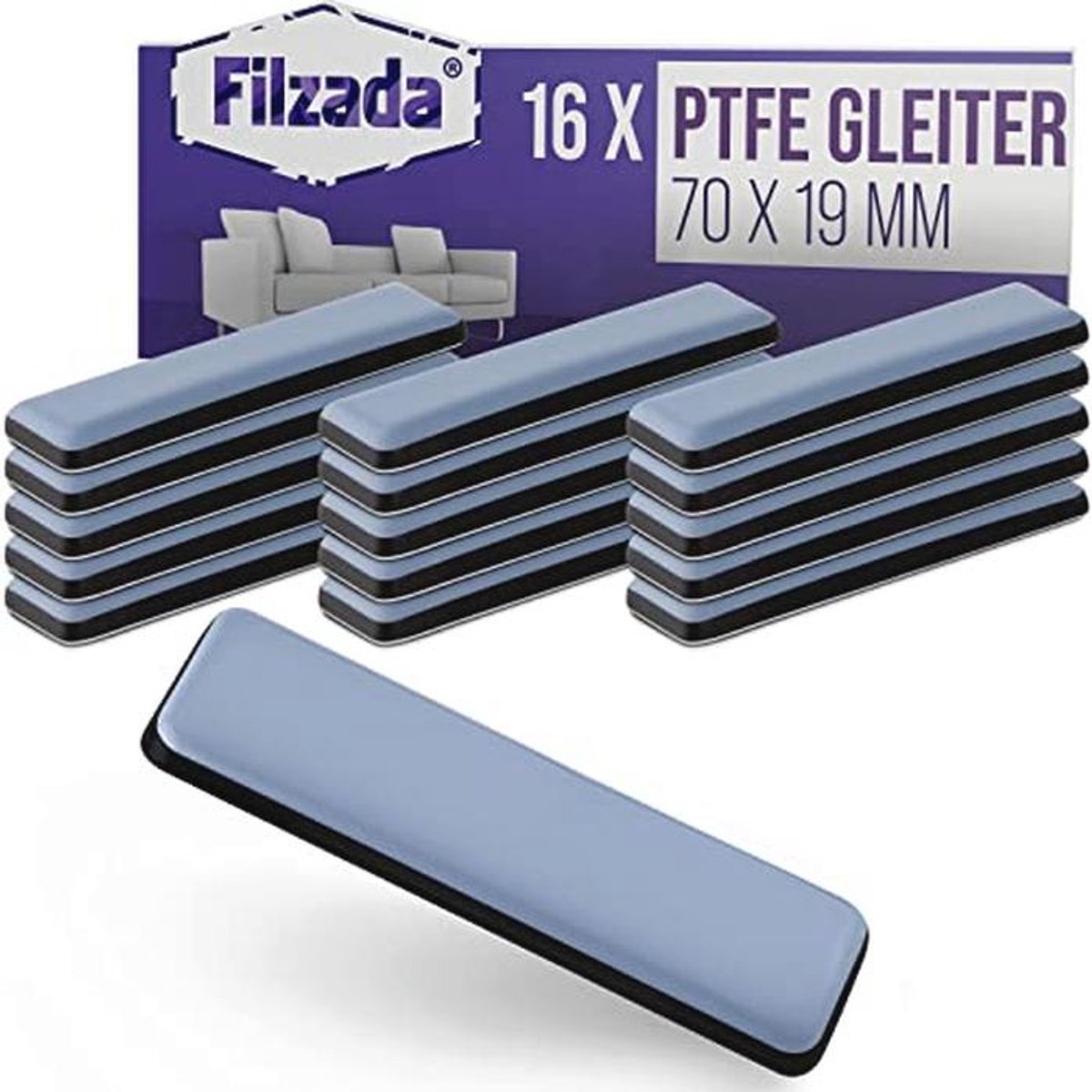16x Teflon meubelglijders 70 x 19 mm - professionele zelfklevende glijders voor tapijt