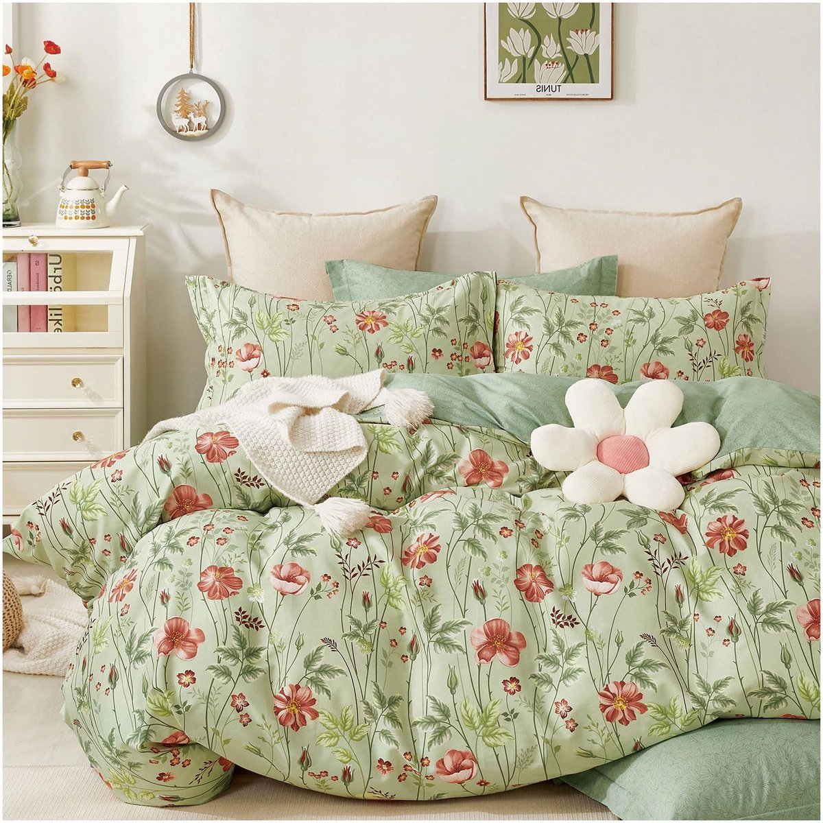 Ibenzoa Romantisch katoenen dekbedovertrek set met bloemenmotief voor slaapkamer 135 x 200 cm Groen
