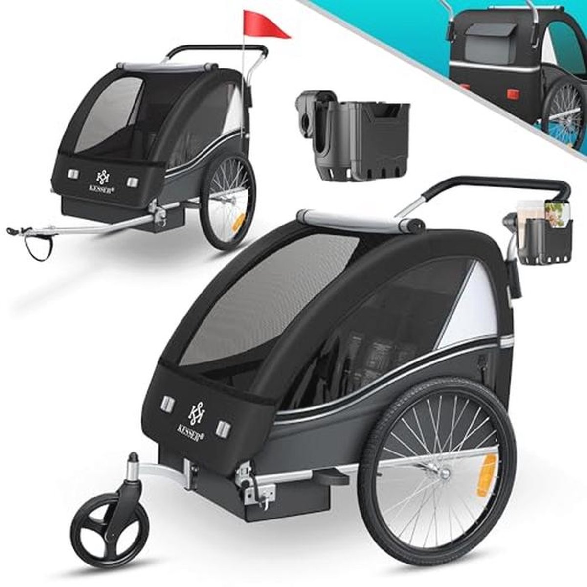 2-in-1 Kinderfietskar en Buggy voor 1 tot 2 Kinderen - Veiligheidsgordels, Draaibaar Voorwiel, Jogger, Zwart/Antraciet