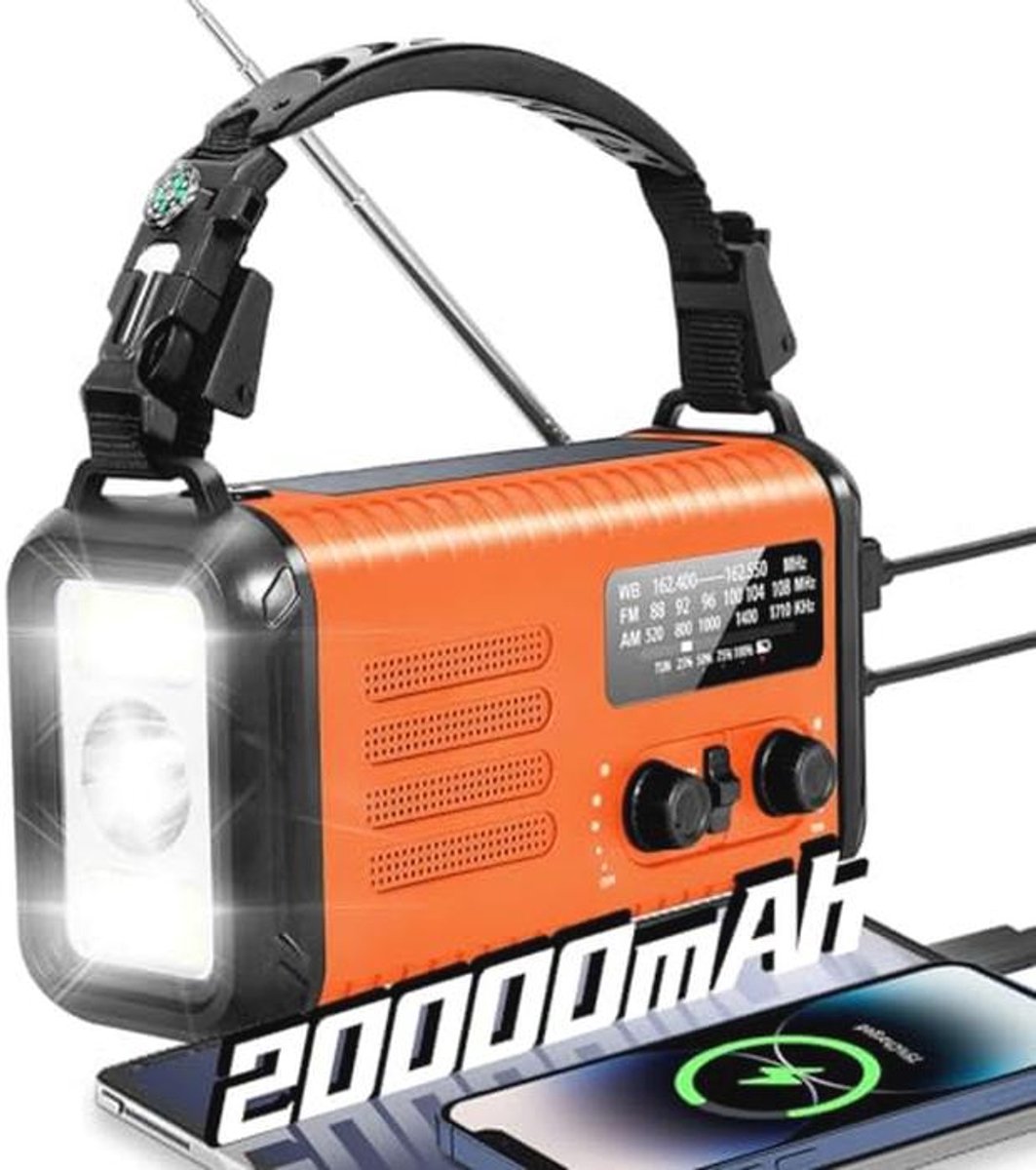 Handzwengel Weerradio met Zonne-energie en Oplaadbare Batterij - 20000mAh, Ideaal voor Noodgevallen