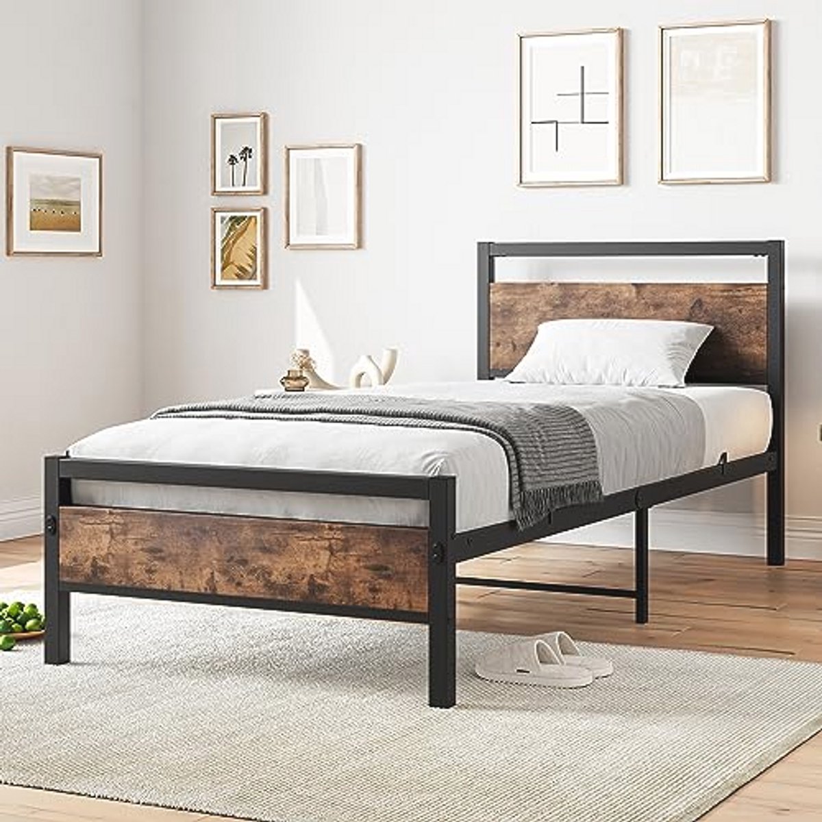 Metalen Bedframe 90 x 200 cm voor Eenpersoonsbed met Lattenbodem - Bruin en Zwart