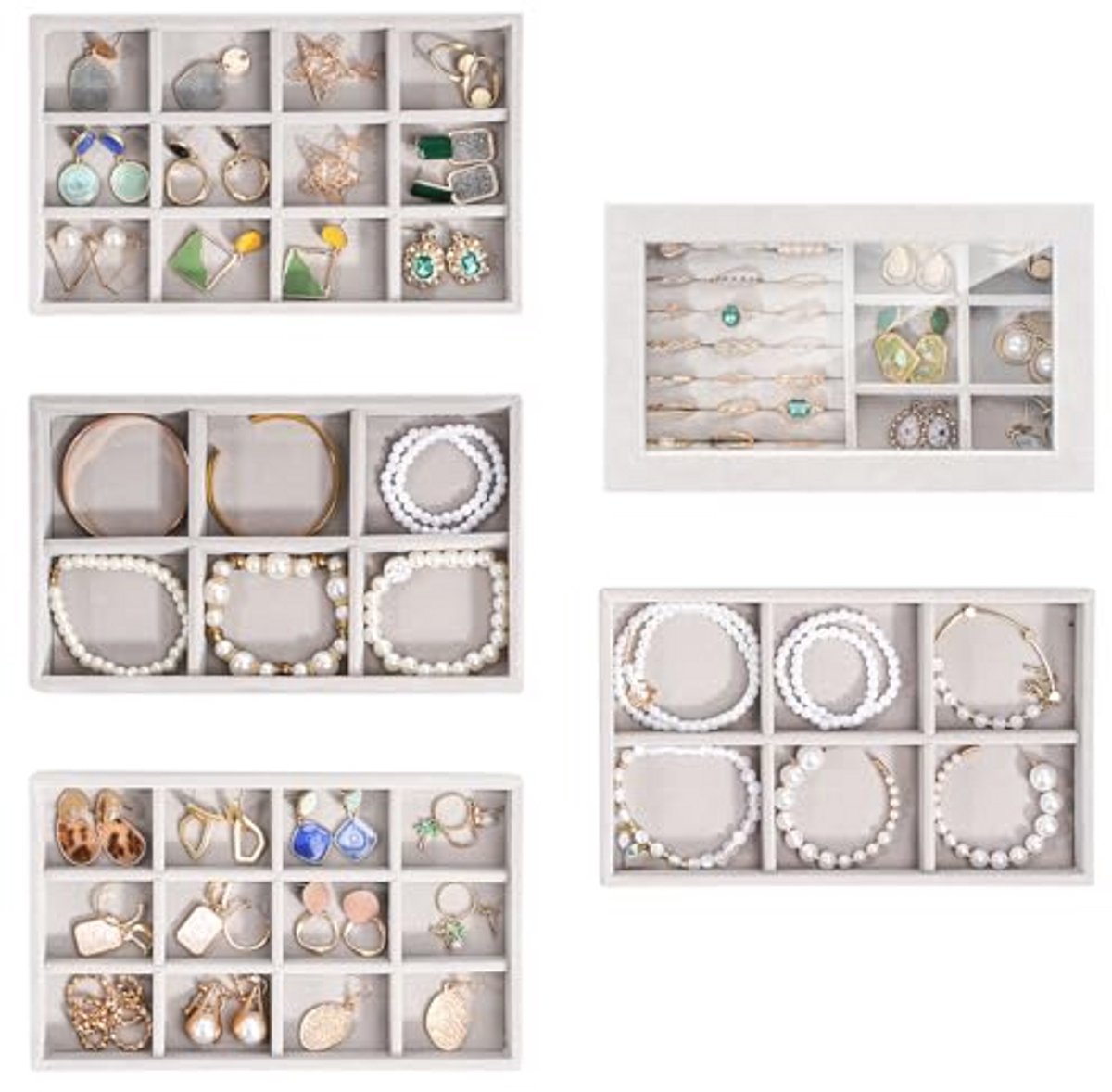 Sieraden Organizer Tray - Stapelbare Velvet Sieraden Opbergdoos voor Oorbellen, Kettingen, Ringen en Armbanden, 5 Laags - Grijs