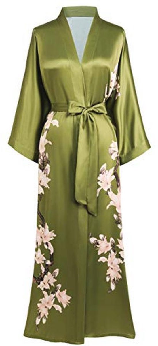Lange groene kimono badjas met bloemenprint voor vrouwen
