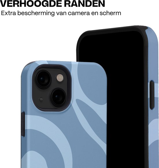 Hoesje met blauwe golvende lijnprint voor iPhone 13 Mini, met verhoogde randen voor extra bescherming.