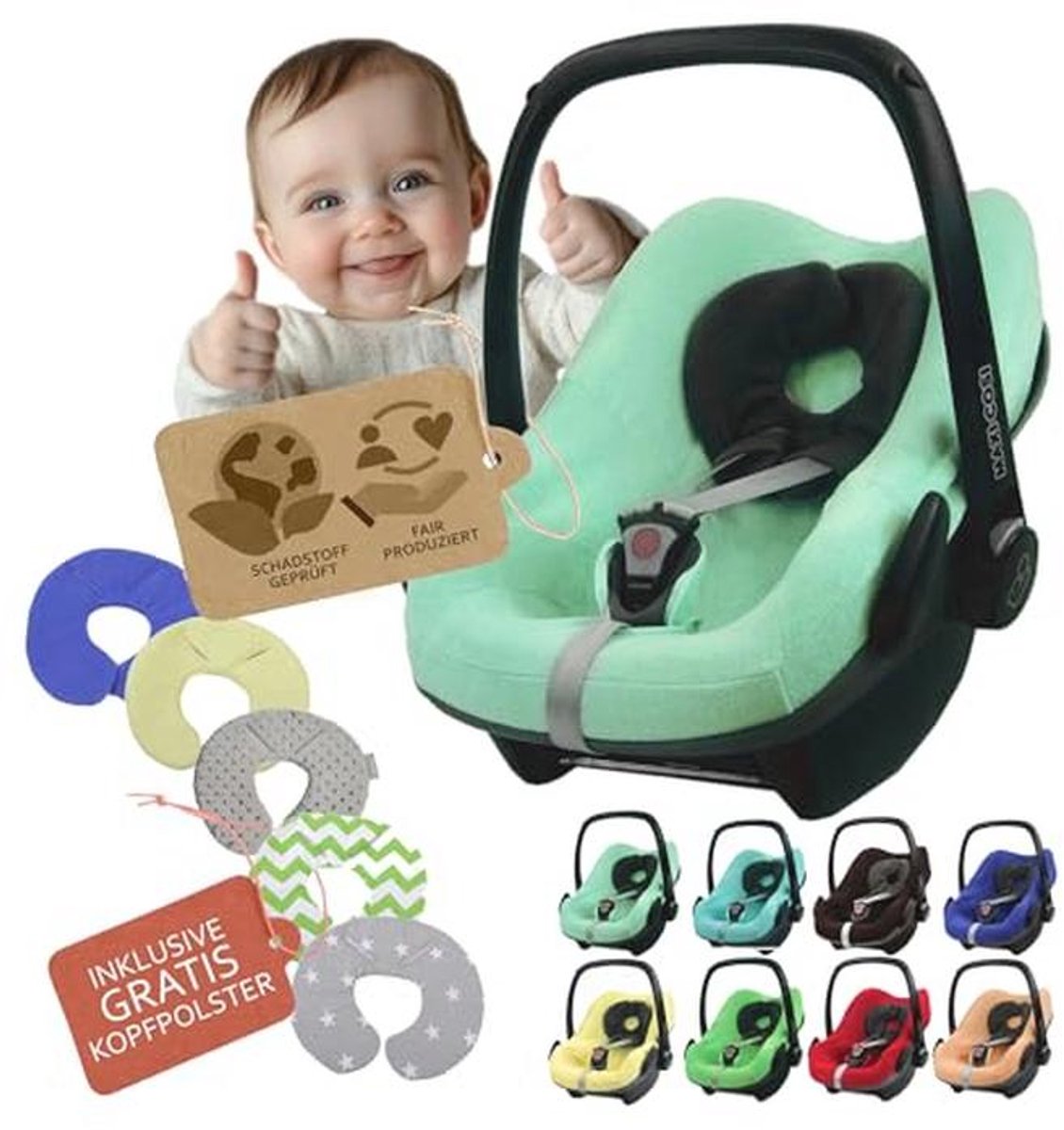 Zomerhoes voor babyzitje, beschermhoes autostoeltje met gratis hoofdkussen (mint)