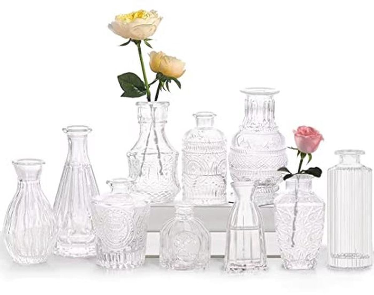 Mini Vazenset - 10 Stuks - Kleine Glazen Vazen voor Vintage Tafeldecoratie