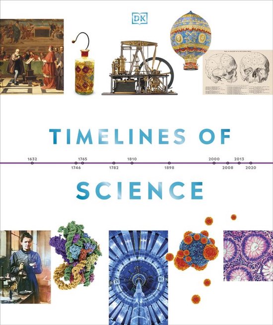 Couverture du livre 'Timelines of Science' avec des images d'une machine à vapeur, d'une montgolfière et de Marie Curie.
