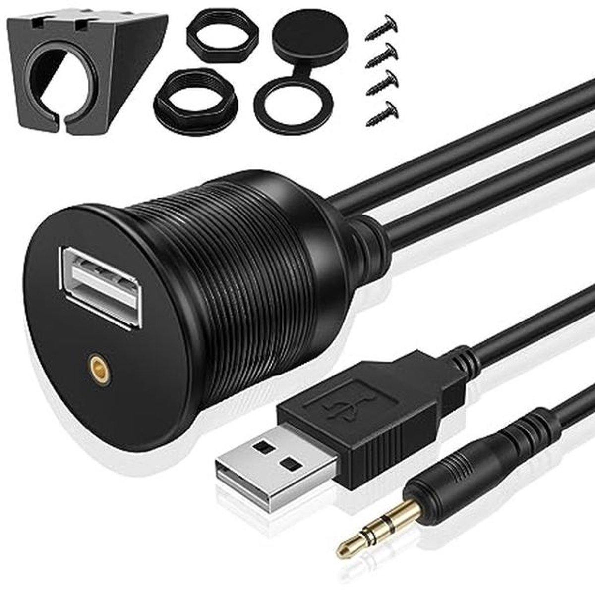 USB en 3,5 mm AUX Inbouwaansluitkabel - 1 m - Kabel voor Dashboard, Vrachtwagen, Boot en Motorfiets - Stereo Audio Adapter
