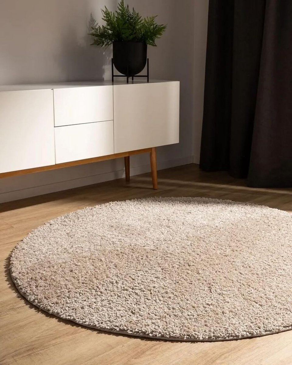 Rond Hoogpolig Vloerkleed Beige 80 cm - Zacht, Slaapkamer & Woonkamer - Geschikt voor Vloe