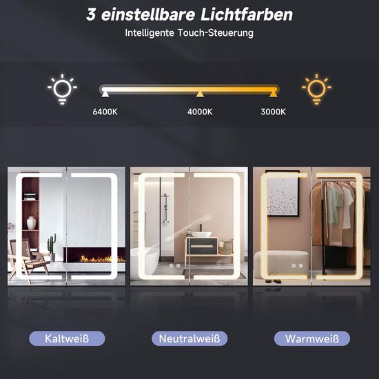 Badkamerspiegel Kast 65 Cm Breed Met Verlichting 3 Lichtkleuren Anti badkamerspiegel-kast-65-cm-breed-met-verlichting-3-lichtkleuren-anti