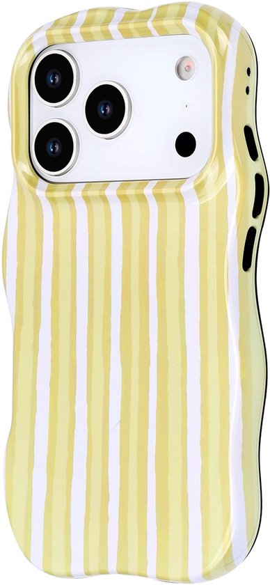 Telefoonhoes met gele en witte verticale strepen, op een iPhone met drie camera's.