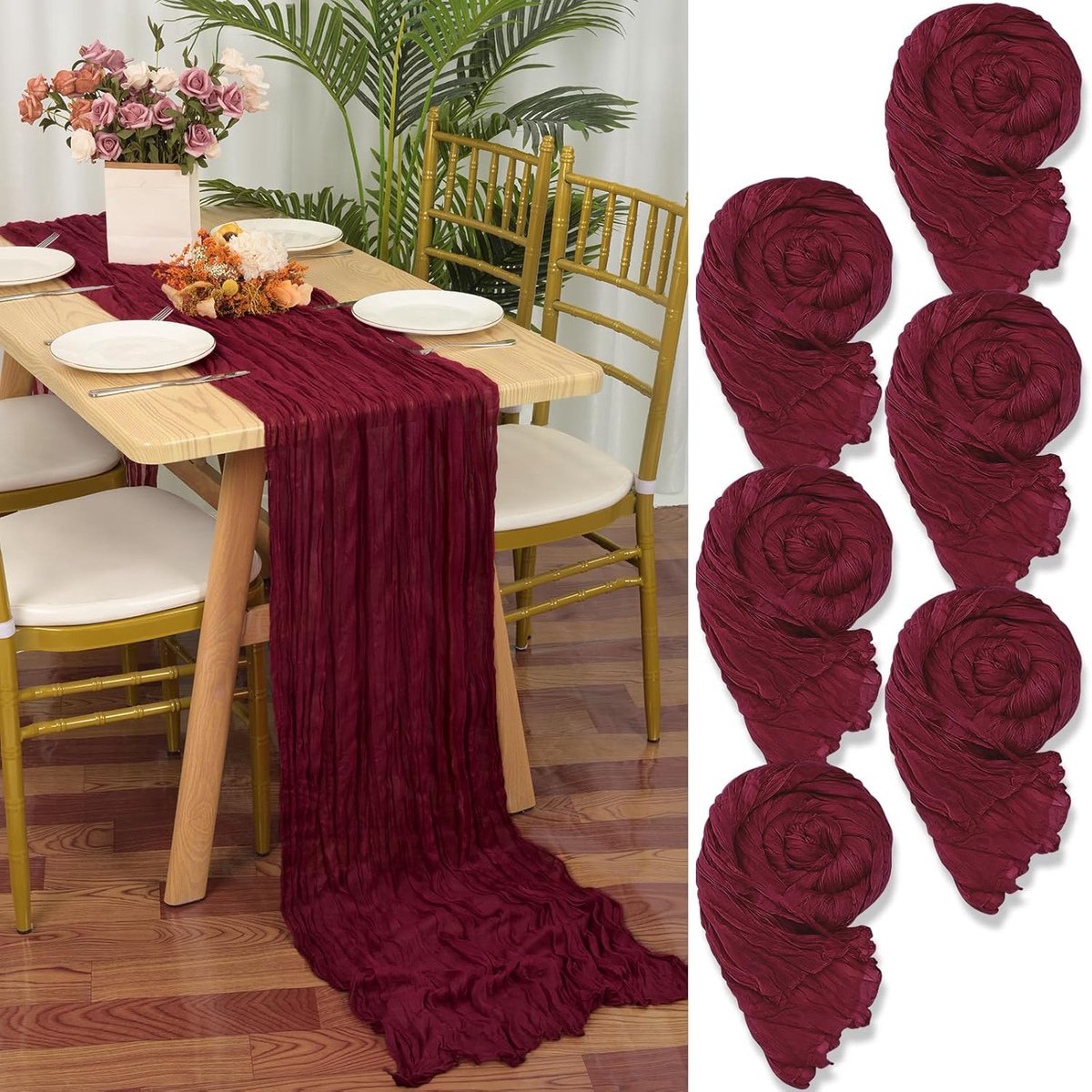 Stunq® Set van 6 Elegante Tafellopers van Gaaskatoen in Bourgondisch Rood voor Feestelijke Gelegenheden