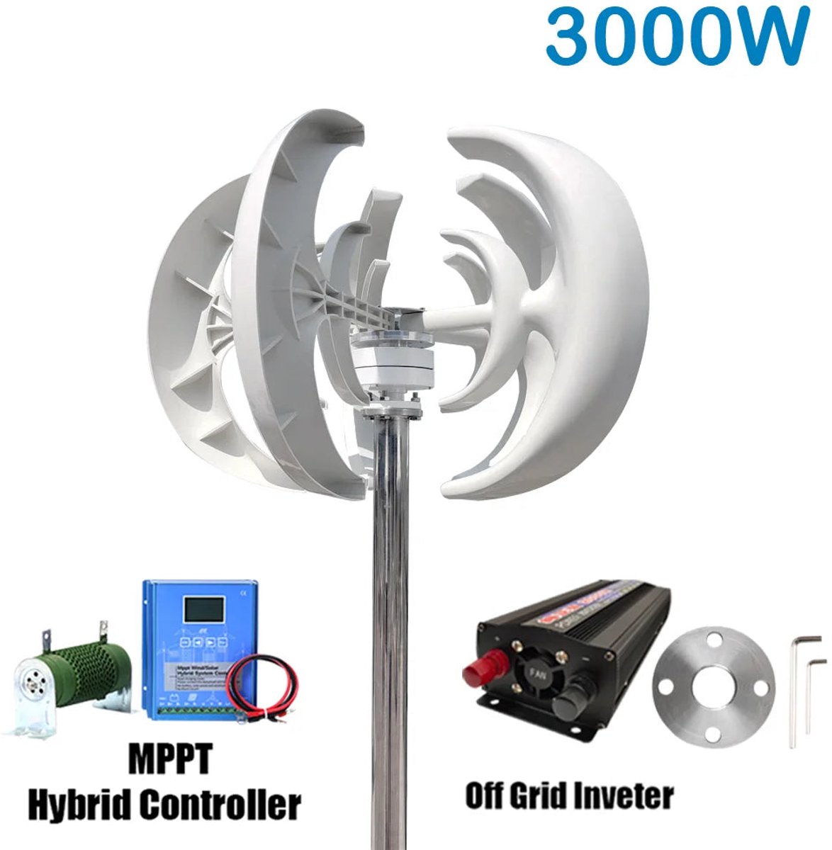 3000W Windturbine Set – Windgenerator – Verticale As Turbine – Zonne-Energie Systeem – Thuis Energieopwekker – 48V Met LiFePO4 Batterij – 220V Zuivere Sinus Inverter