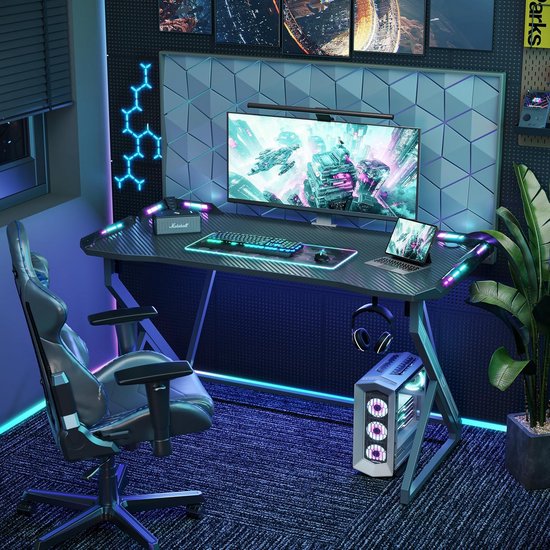 BEXEVUE Gaming Desk Power Outlets LED - 100x50cm Ergonomic Computer Desk, Large Monitor Stand Headphone Hook, Modern X Frame Table, Workstation Study Play Work Bedroom Home Office
